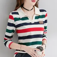 Slimming Striped Polo T-Shirt for Women 100% Cotton Long Sleeve Innerwear for 2026 Transitional Wardrobe - Image 3