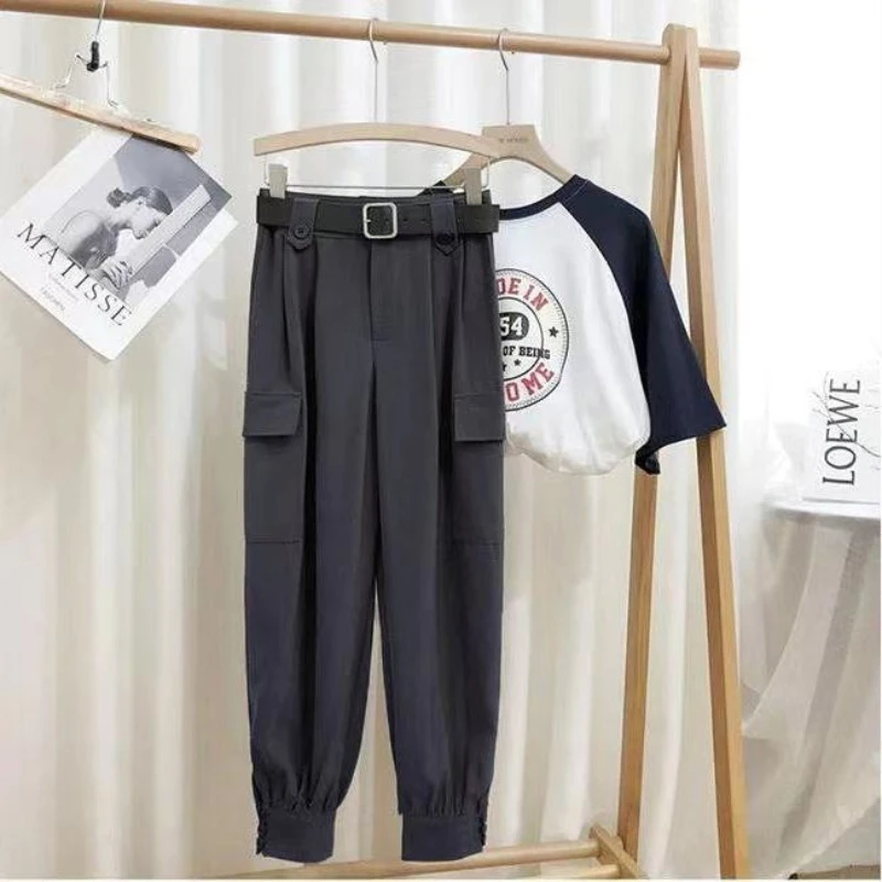 Korean New With Belt Button Pockets Cargo Pants Women High Waist Vintage Harajuku Streetwear Gothic Harem Pants Female Clothing