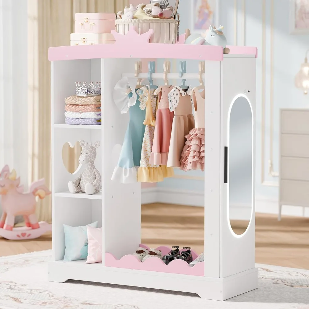 

Kids Closet with Jewelry Cabinet, Dress up Storage with Shelves&Mirror, Costumes Wardrobe Closet with Hanging Rack