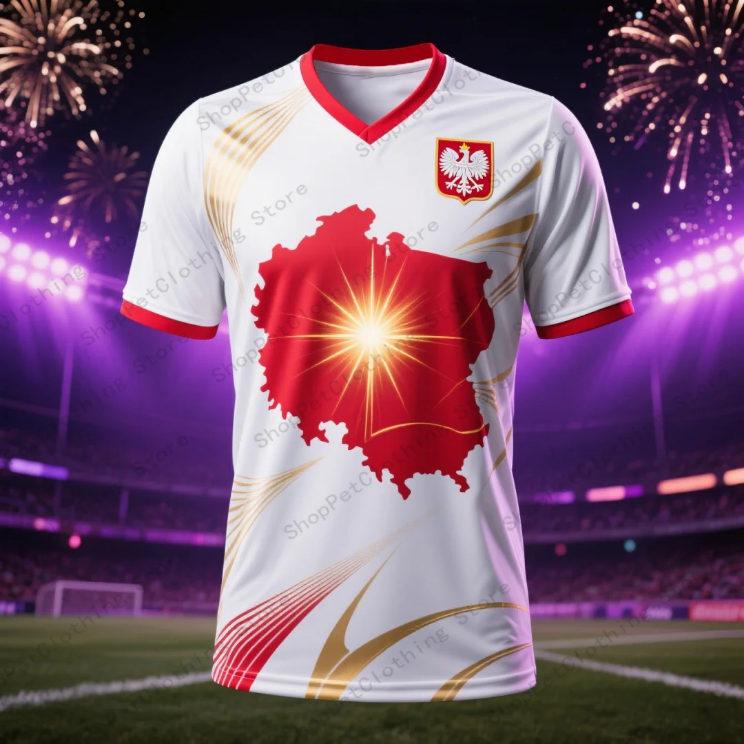 2025 صيف يوليو نيو بولندا جيرسي تي شيرت للرجال النساء خفيفة الوزن تنفس كرة القدم مروحة ارتداء رياضي نمط غير رسمي