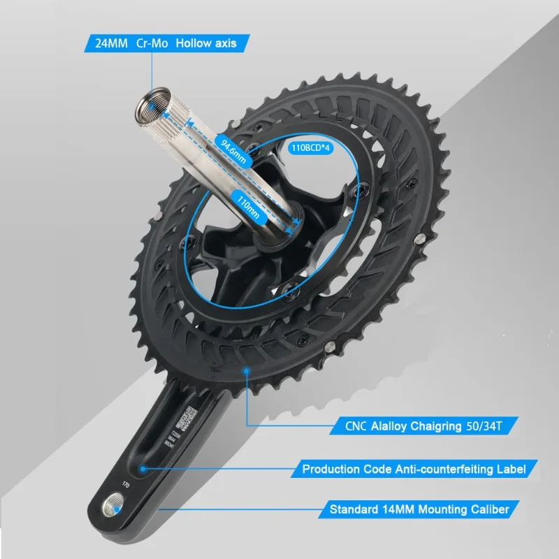 RIRO Bike Crankset 10/11/12S Road Bike Crankset 110BCD 50/34T Bicycle Double Sprocket 170mm Crank Arm Integrated Bike Parts