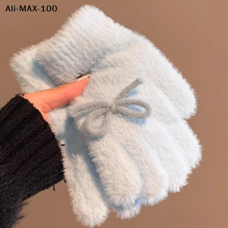 

【AM3】Plush Cute Butterfly Knot Knitted Gloves For Women In Winter, Anti Freeze Cycling Warmth Gloves Five-finger Gloves