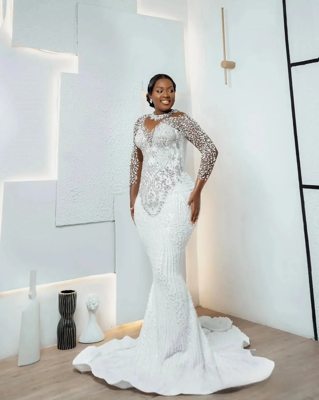Customized Sparkly Crystals Beads  Mermaid Wedding Dress with Removable Skirt Vestidos De Novia Elegant Long Sleeves Bridal Gown