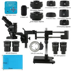 Microscopio stereo trinoculare 3.5X 7X 45X 90X Doppio braccio Stand Zoom Simul Focale + Microscopio fotocamera 48MP per riparazione PCB industriale