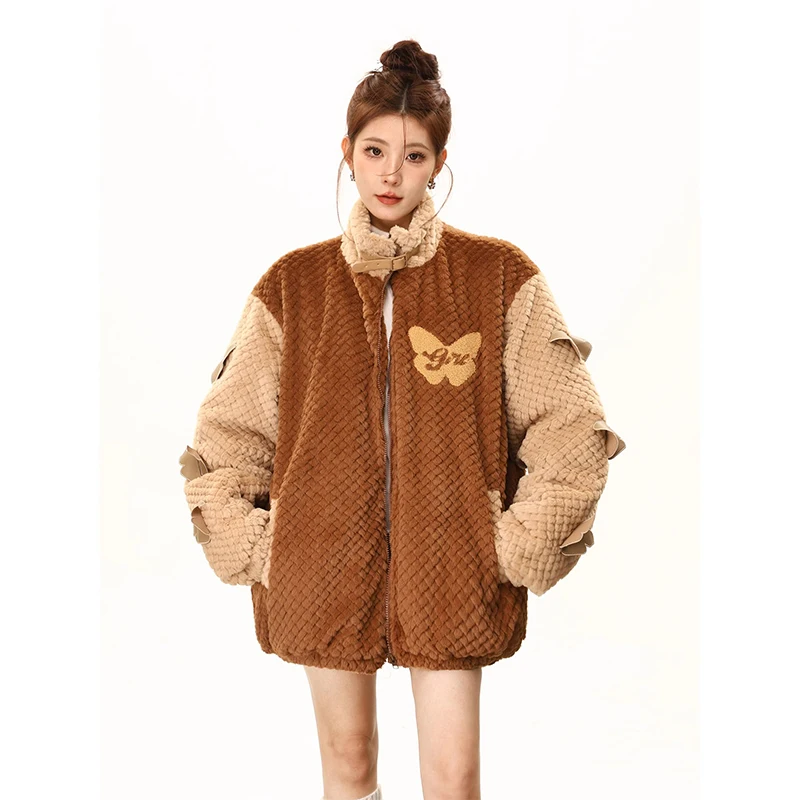 

Winter Warm Wool Coat Korean Elegant Splicing Design Zipper Loose Outerwear Harajuku Retro Thickened Brown Cotton Jacket