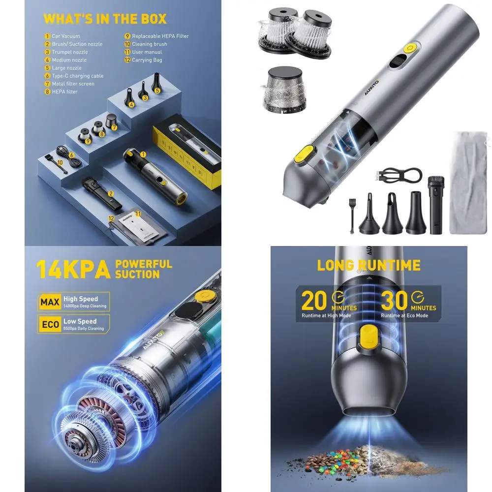 

Портативный ручной пылесос 14000 Па с функцией продувки для автомобилей, дома, домашних животных и офисов (серебристый)