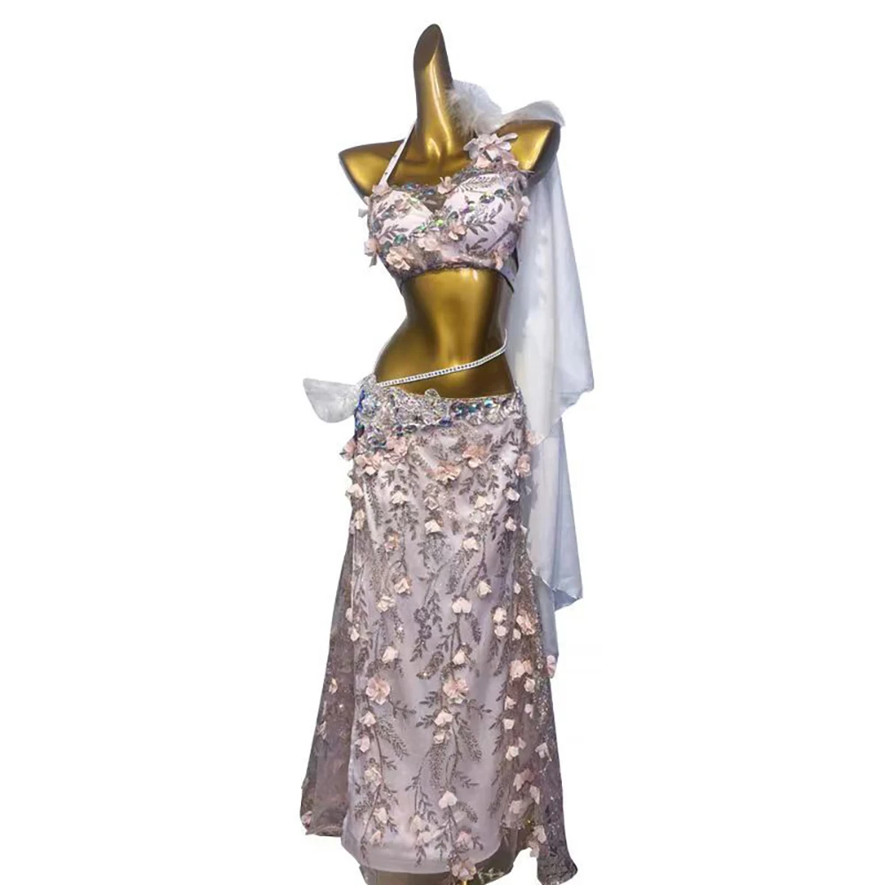 Vestido de dança do ventre para adultos e crianças, pedra ab, personalizado, floral, tango, roupas profissionais femininas