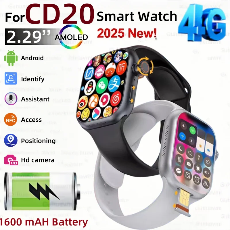 

Умные часы CD20, глобальная версия, полная сеть 5G, 2,29-дюймовый AMOLED-экран, 180 ° вращающаяся камера, SIM-карта, Wi-Fi, GPS, Видеовызов