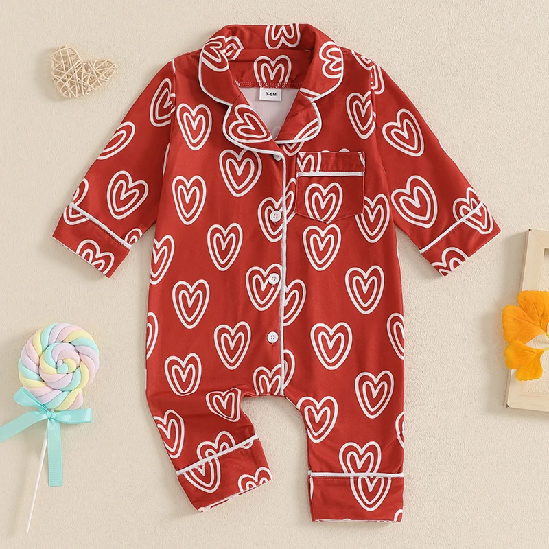 Suefunskry Baby Girl Spring Autumn Pajama Romper Long Sleeve Lapel Heart Print Button-Down Valentine's Day Jumpsuit Sleepwear