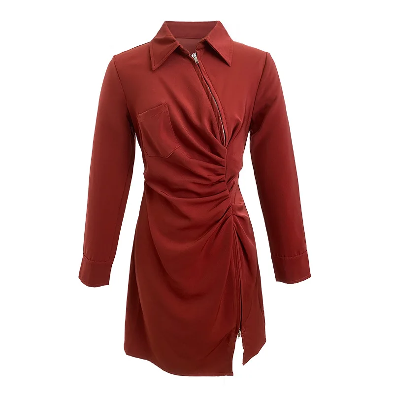 Sukienka koszulowa spódnica jesień nowa elegancka temperament kołnierzyk talia nieregularna dopasowana długa z długim rękawem