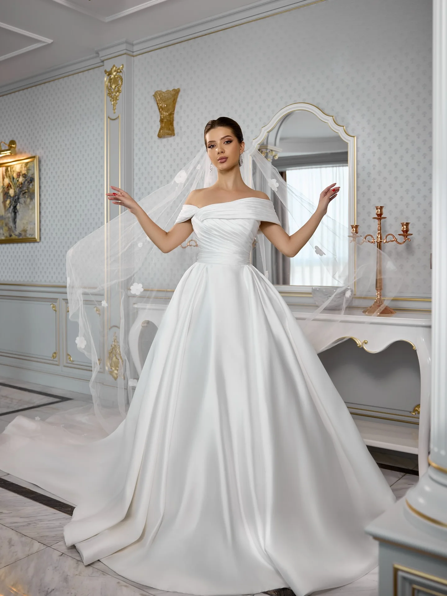 

Customized Off the Shoulder White Simple Wedding Dress Temperament Ruched Lace Up Back Bridal Party Satin Bridal Party