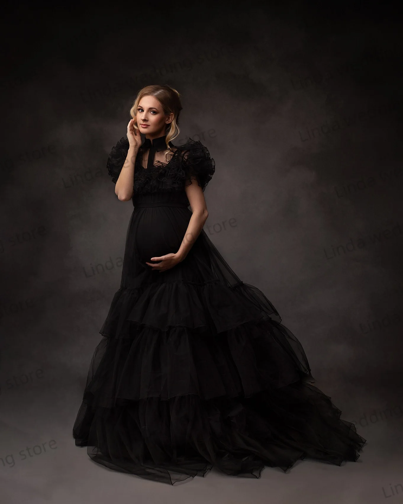 Black Maternity Dresses for Photoshoot A Line Empire Prom Dress Babyshower Women Tulle Tiered  Pregnant Vestidos de Gala