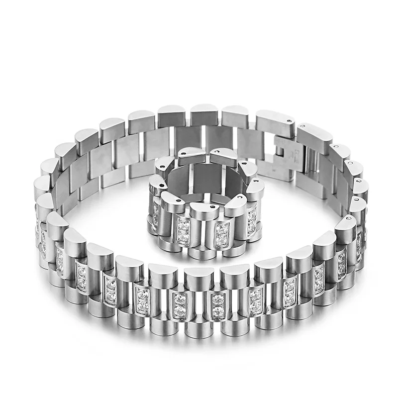 KALEN Golden High Finish Men Vintage Zircon Watch Strap Stainless Steel Bracelet Ring Set Party Holiday Jewelry Gifts
