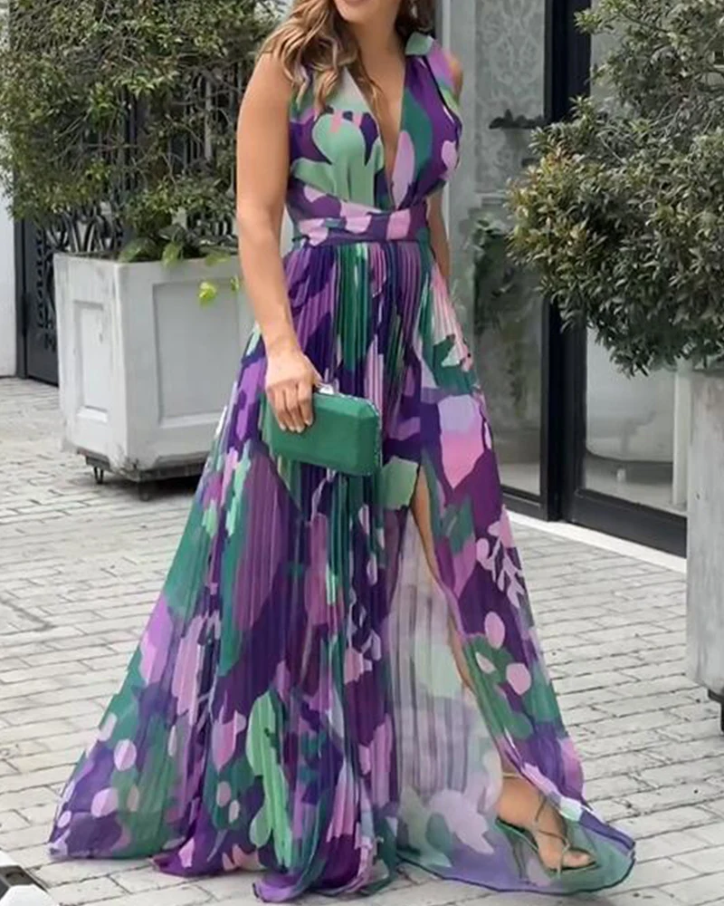 

Deioao Luxury Elegant Fashion Dress Summer Sexy V-neck Make A Slit Or Vent Contrasting Floral Print Pleated Maxi Dresses