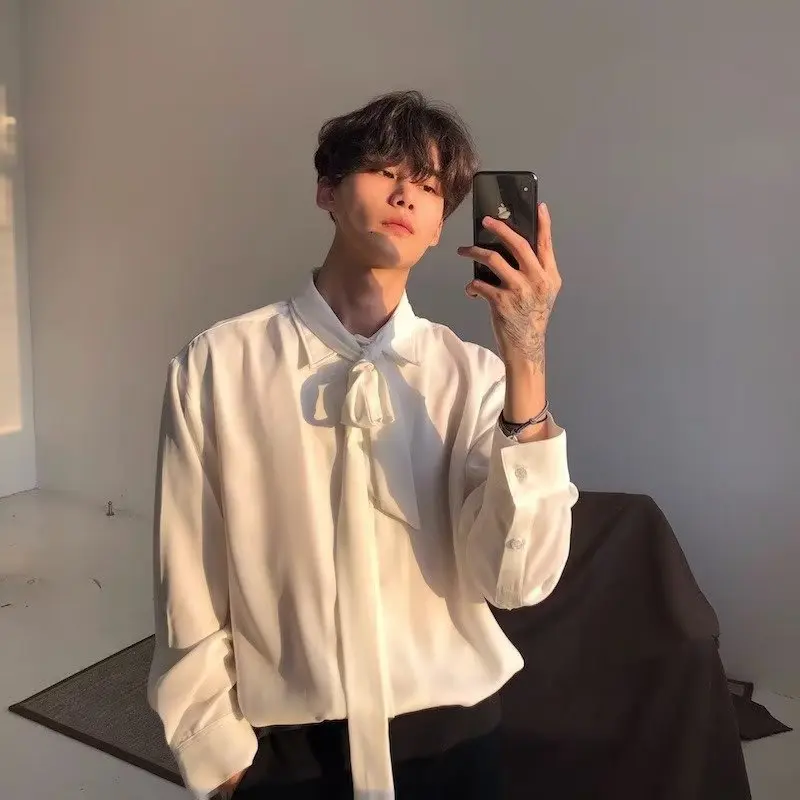  Hairstylist Long Sleeve Men's Shirt Trendy Korean Style Sharp Collar Pure Color Loose Fit Iron-Free Youthful Autumn