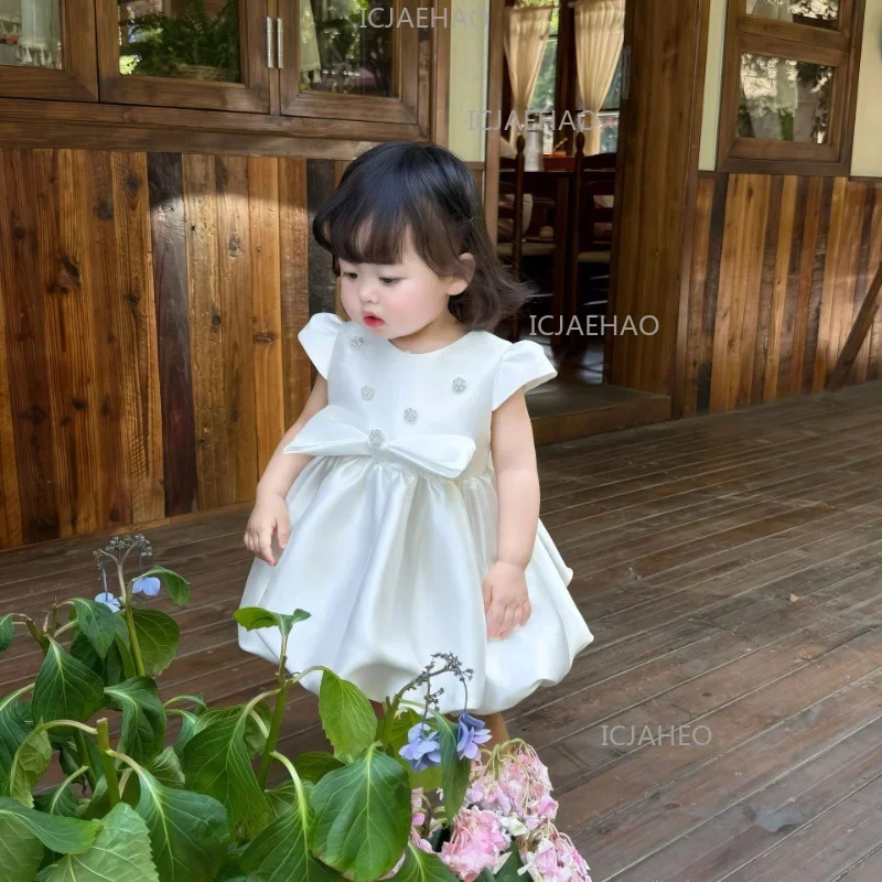 2026 New Baby Girl First Birthday Party Dress Clothes Princess Gown Korean l Tutu Kids Formal Attire CostumeBow White Flower Gir