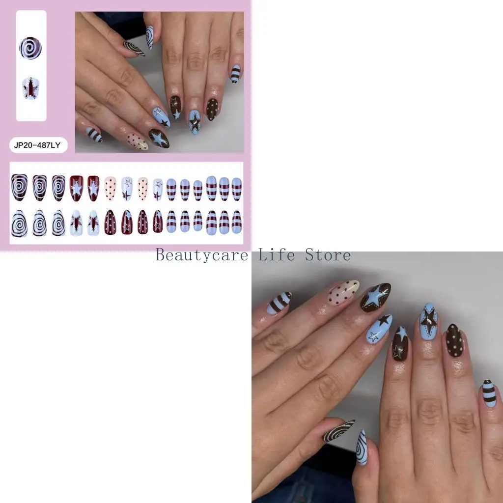652C Sophisticated Press On Artificial Featuring Geometric Dot Star Art In Delicate Blue Brown Color Palette