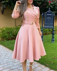 Women's Elegant Dress 2024 Spring Latest Notched Collar Puff Sleeve Double Breasted Belted Button Blazer Midi Dress Long Skirt