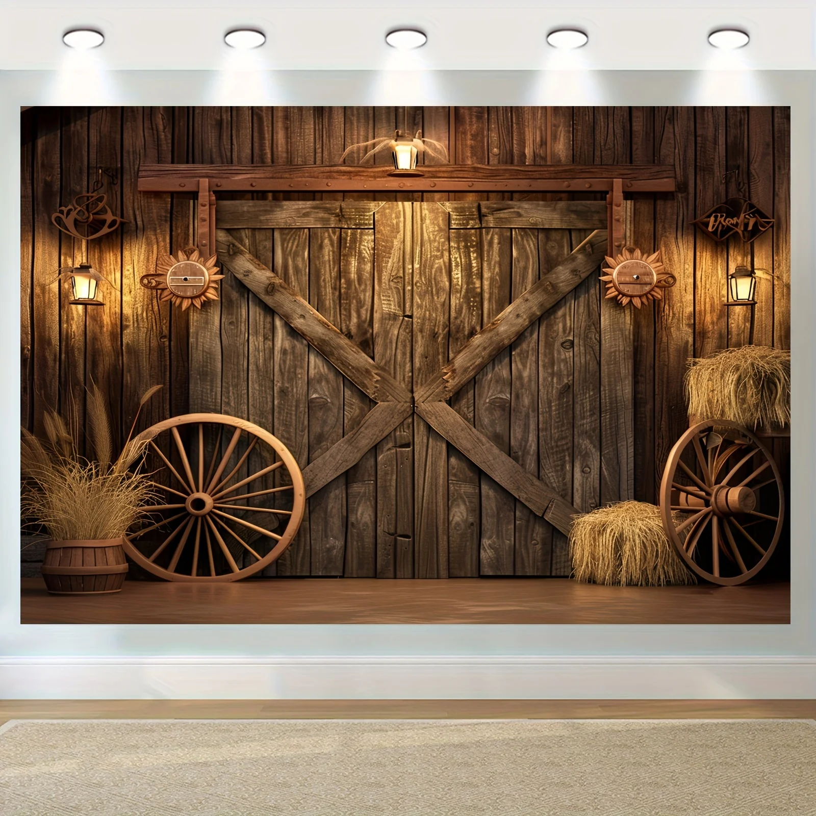 Western Cowboy-themed polyester background - vintage barn door and log cabin designs, party, and birthday decorations