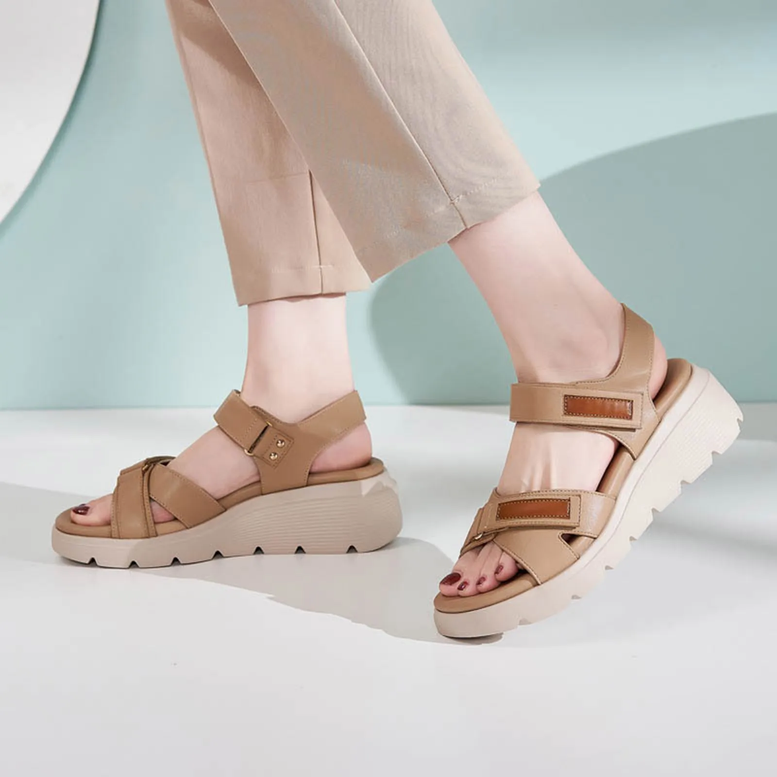 

Женские бежевые сандалии с пряжкой и ремешком, удобные прогулочные сандалии, обувь на платформе для женщин, летняя обувь на платформе с открытым носком