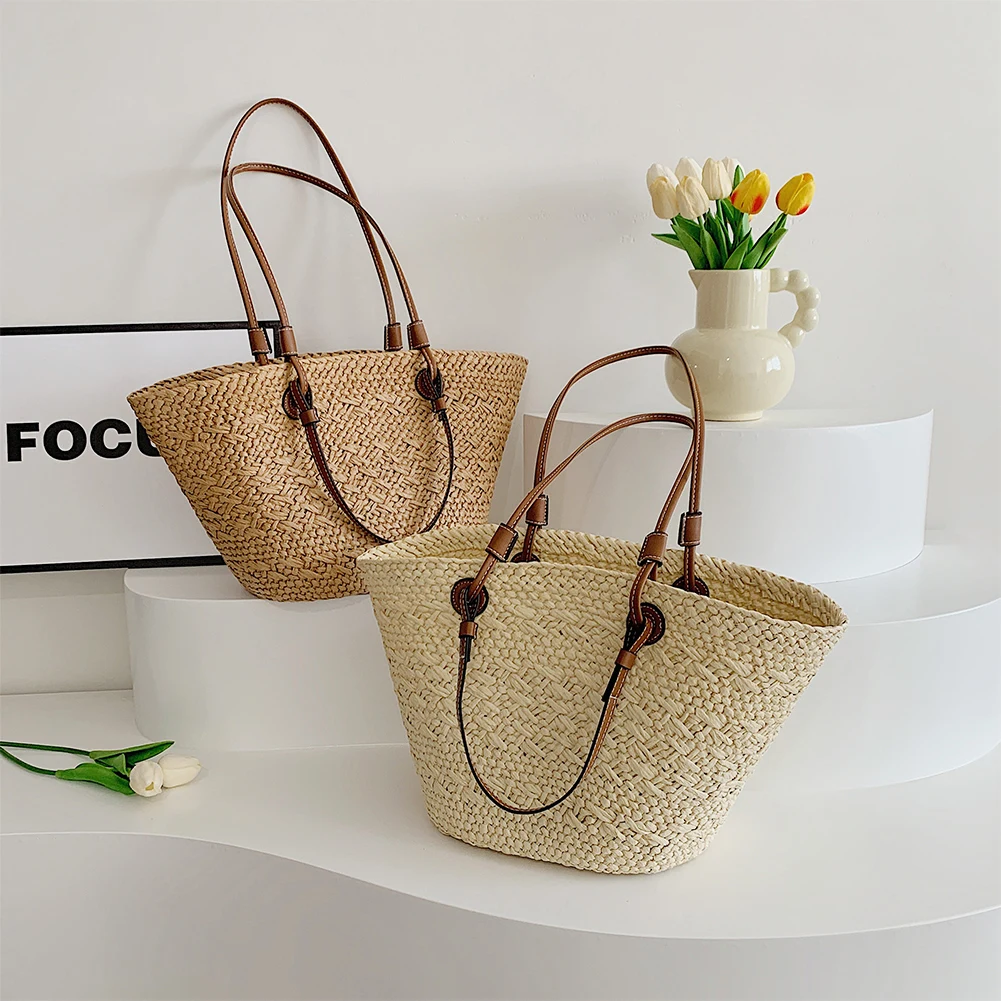 Women Woven Tote Bag Simple Woven Handbag Large Capacity Stylish Weaving Bag Tote Clutch Bags Chic Hobo Bag for Outdoor Travel