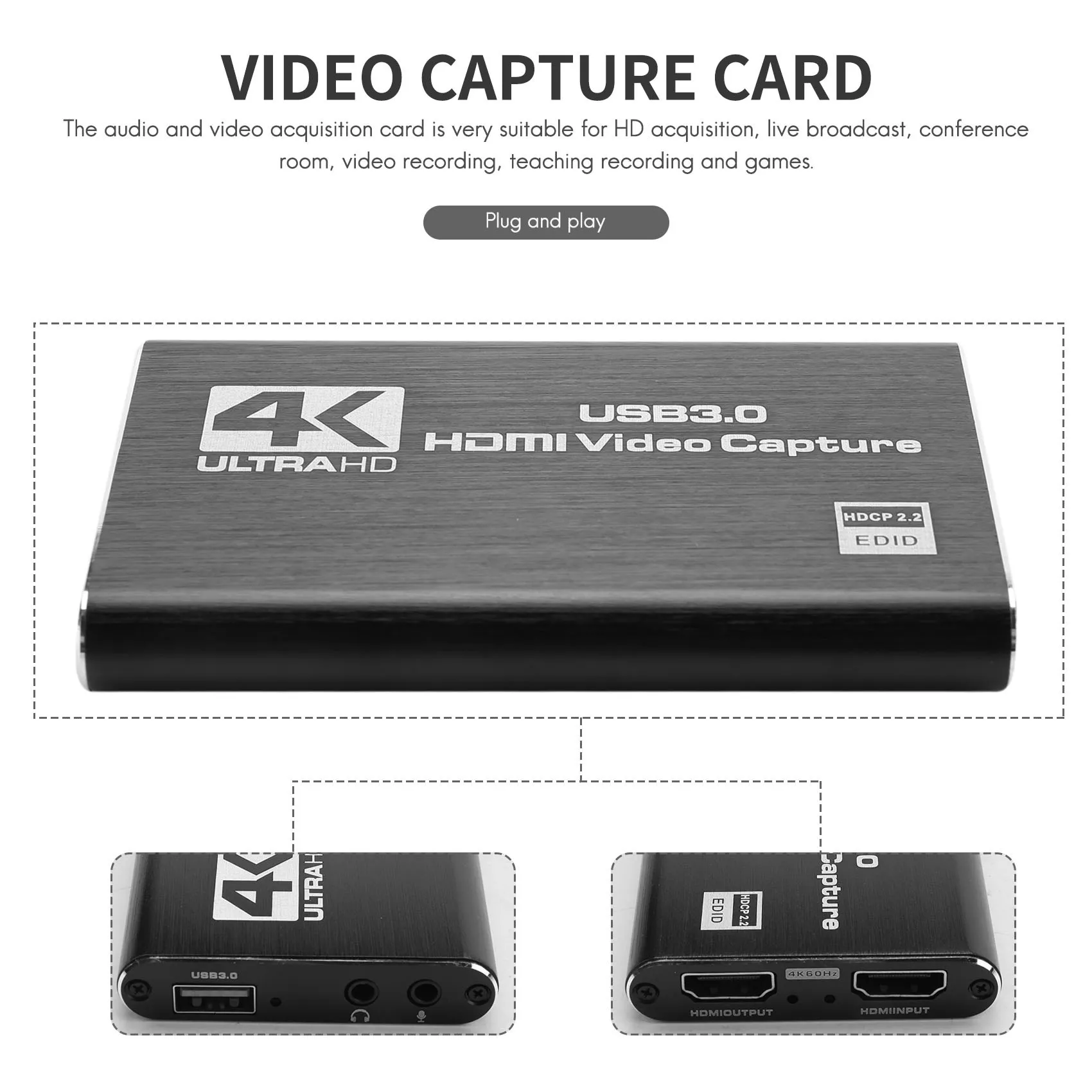 Audio Video Capture Card, 4K USB 3.0 Capture Adapter Video Converter for Gaming Streaming Live Broadcast Video Recording