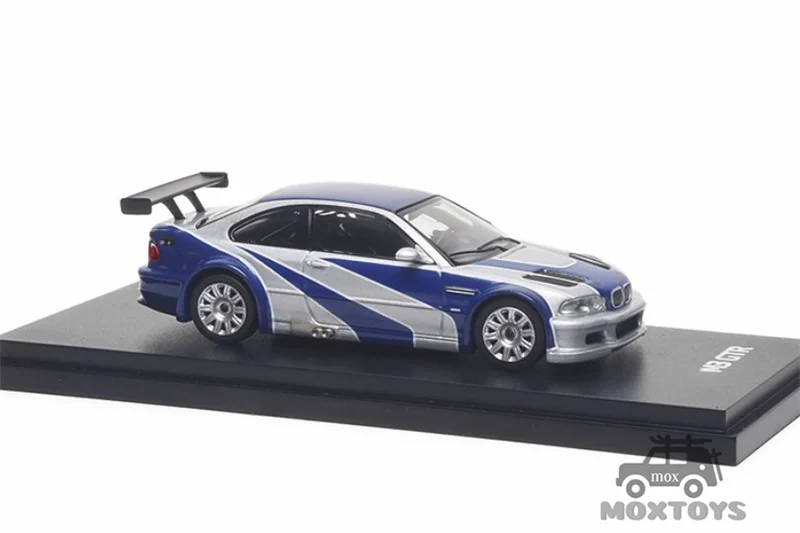 AR Box 1:64 M3 E46 فضي مع شرائط زرقاء NFS Diecast Model Car #4