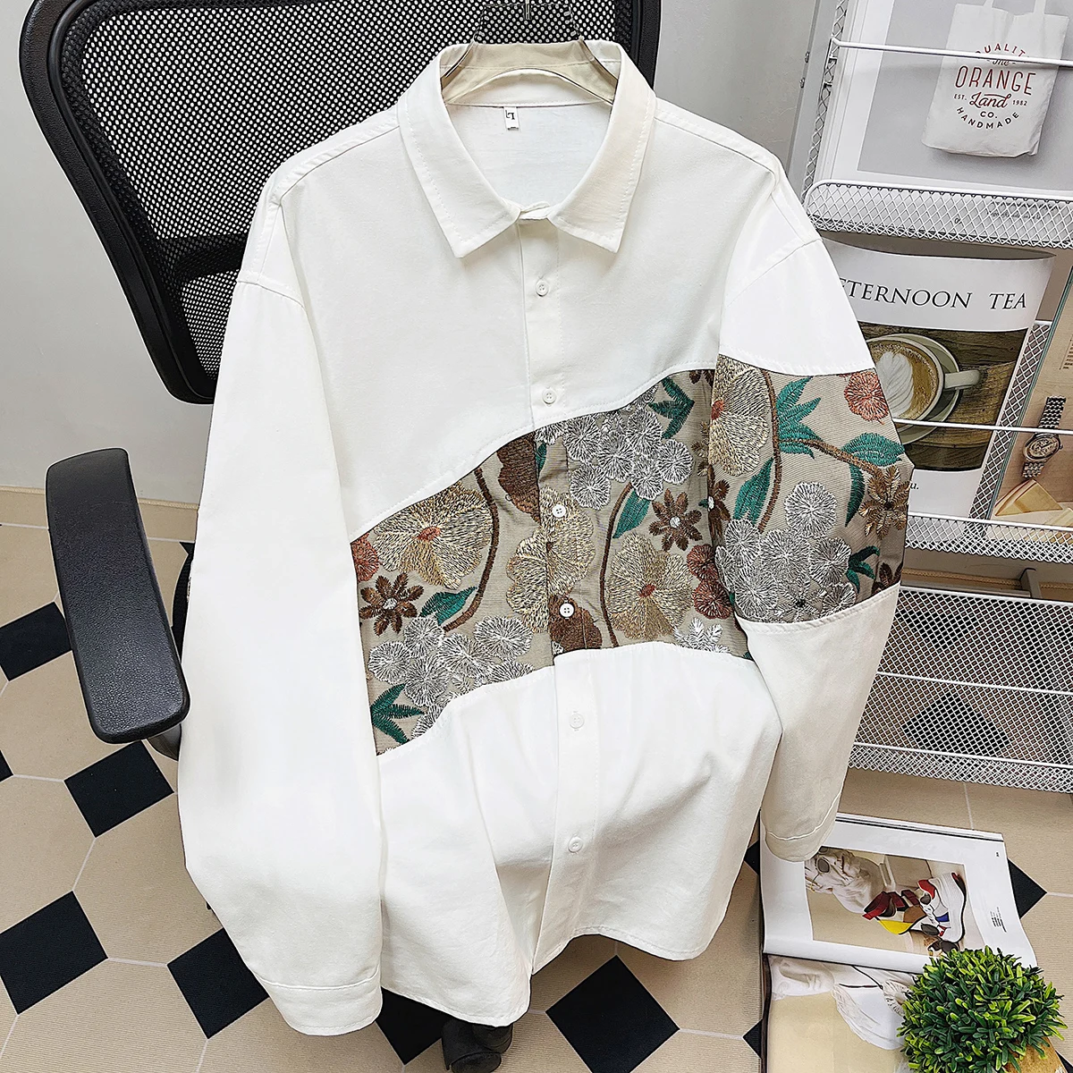 

Loose Fit Long Sve Men's irt Vintage Spliced Spring Autumn High Street Trendy Outerwear Casual Polyester Youth Faion