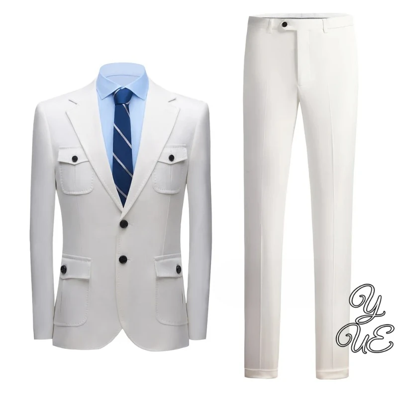 White Men's Wedding Suit, Slim Fit, Fashionable and Trendy, Personalized Lapel, Suit Pants, 2-piece Set, Ball Dress Set