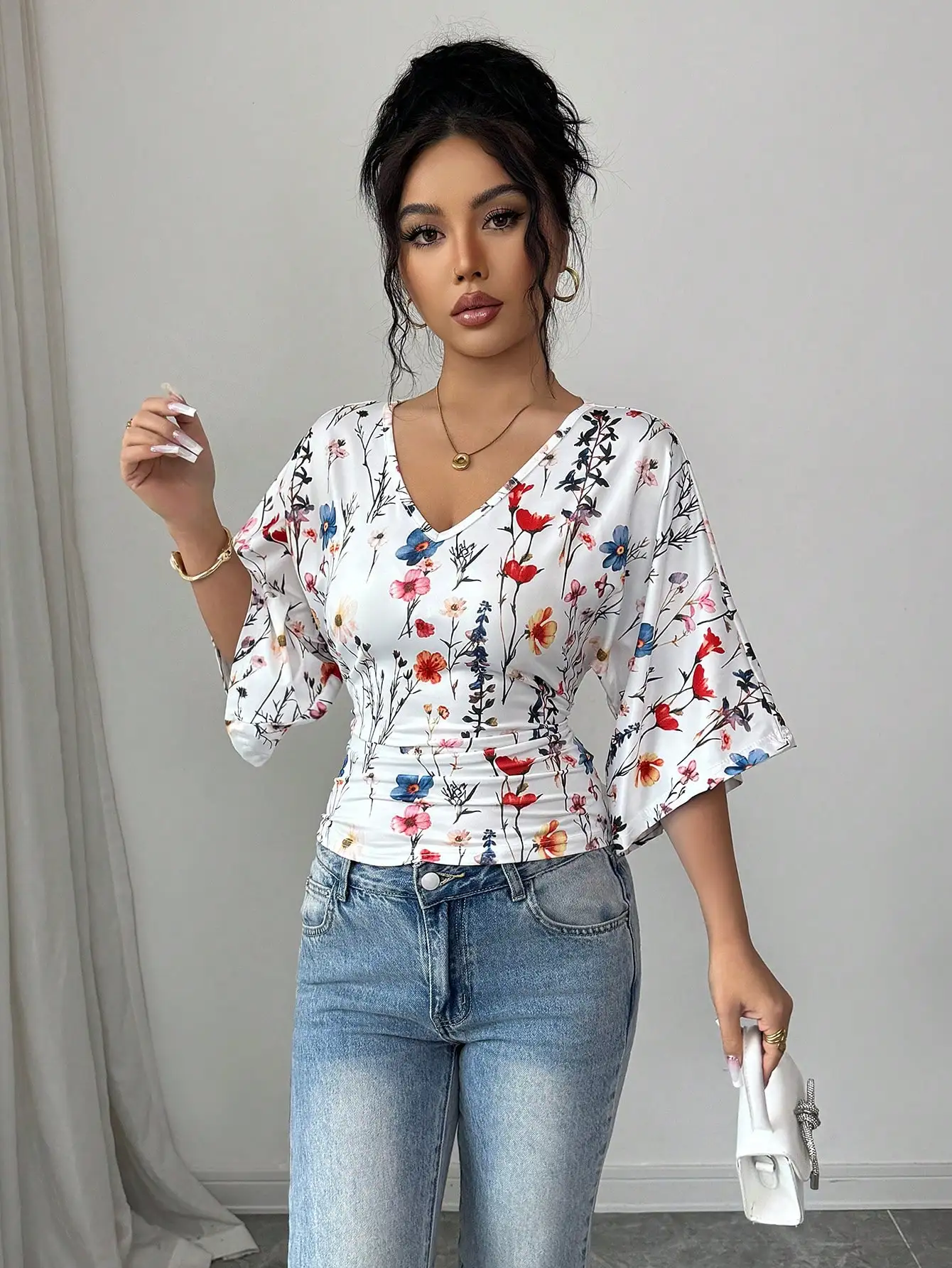 

Женский топ с цветочным принтом, рюшами на талии, V-образным вырезом и короткими рукавами, повседневный, весна-лето