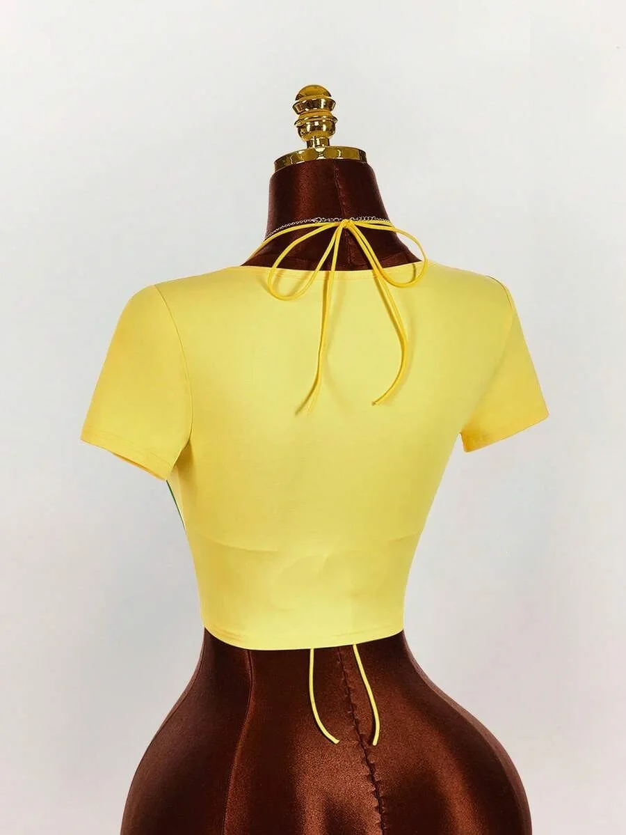 Damen Y2K Brasilien-Flagge 2-teiliges Outfit, gestreiftes Kurzarm-Oberteil, Neckholder-BH, Schnürkorsett, Weste, Streetwear, Festival-Matching-Set – Detail 4