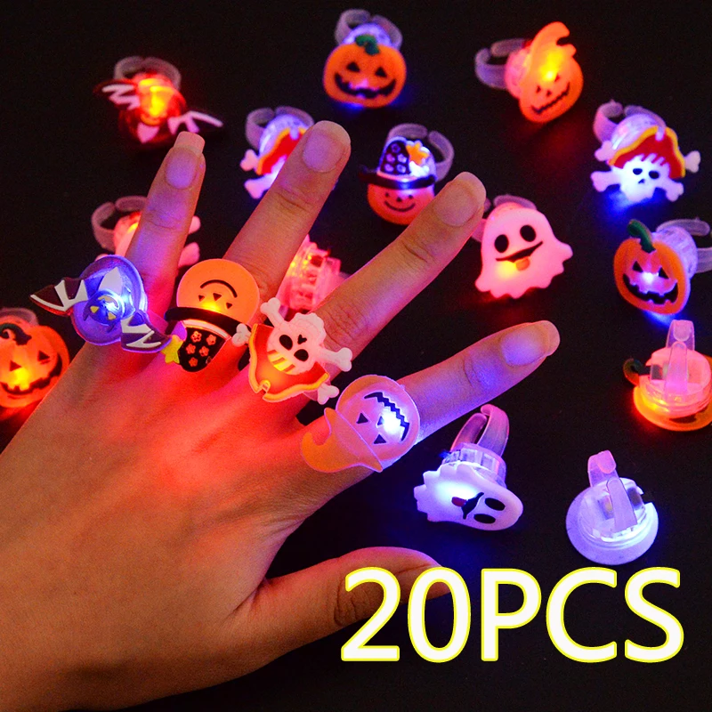 10 20PCS Random Cute LED Halloween DIY Decoration Ring Pumpkin Ghost Bat For Adult Child Kids Gift Funny Party Decor Supplies