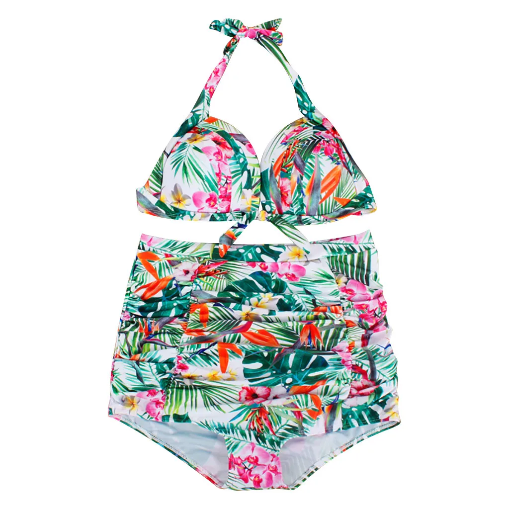 High Waist Bikini Sexy Swimsuit Women Hawaii Floral Halter Swimwear Summer Push Up Crop Top Suit Strapless Biquinis 5xl