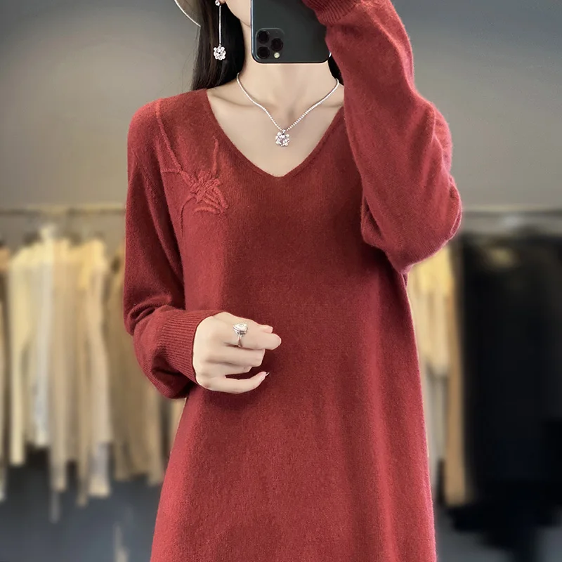 Imagem -05 - Mulheres Long V-neck Knit Jumpers Vestidos de Cashmere Lady Pullovers Nj01 Hot Sales Inverno 2023