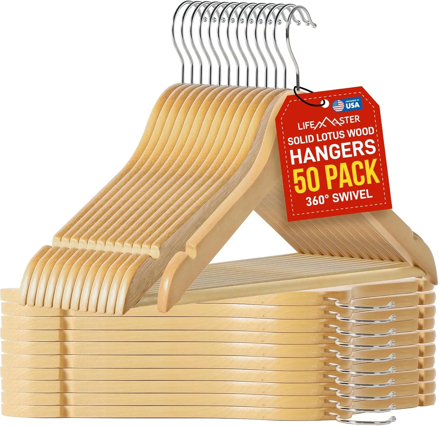 Wooden Hanger Set - 50 Pieces Non-Slip Versatile Closet Space-Saving Hanger Set for Suit, Coat, Camisole,Jacket,Pants,and Dresse