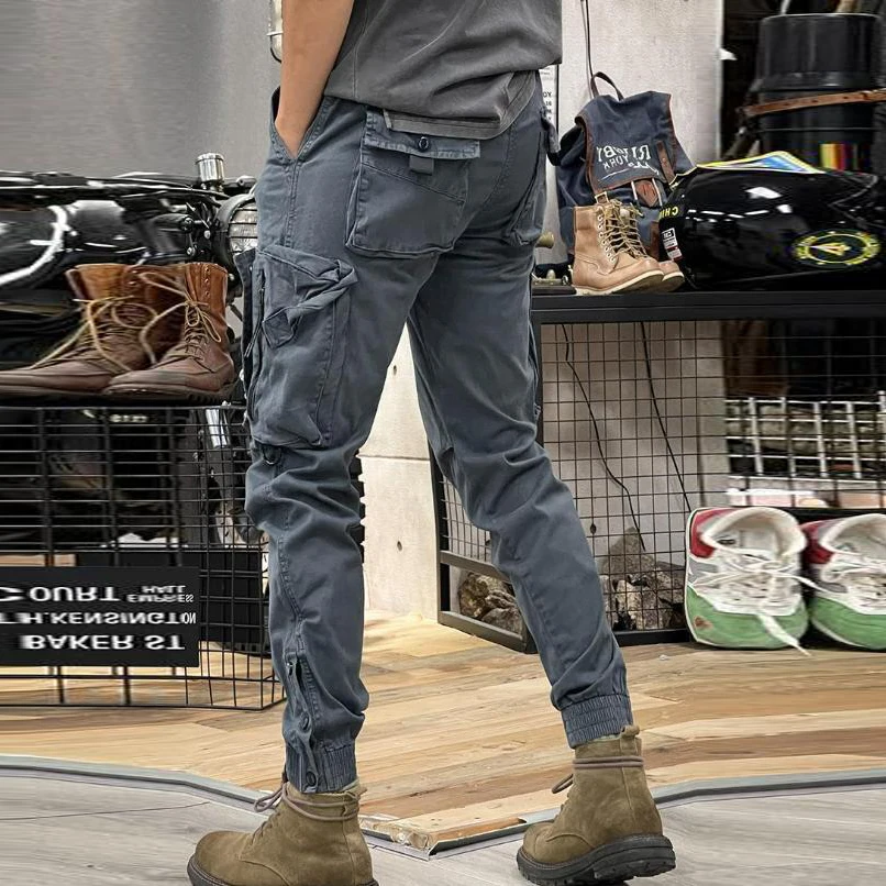 KIDWHXR Herren Cargo-Hose Taktische Arbeitshose Outdoor-Sport Freizeithose Einfarbige Hose mit Kordelzug und Taschen – Detail 4
