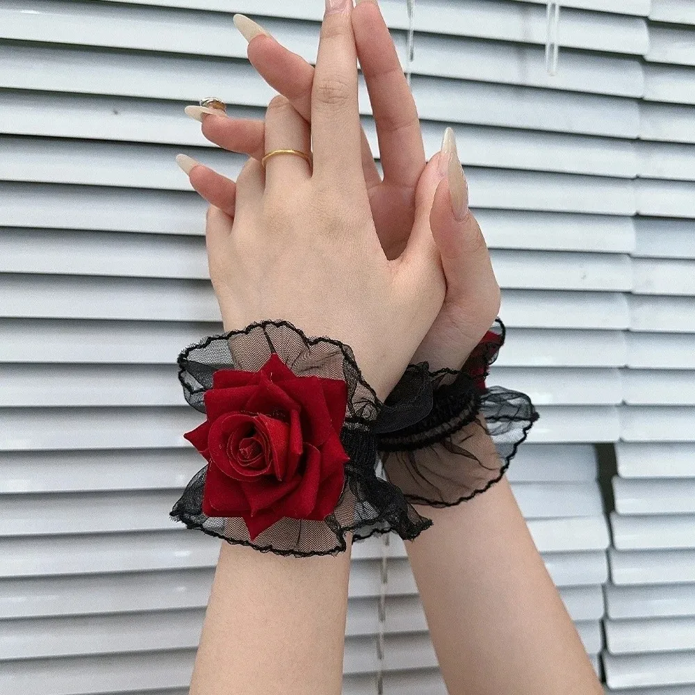 New Red Rose Lace Wristbands Lolita Ruffled Gothic Cosplay Bracelets Black Elastic Band Flower Wrist Cuffs Wrist Accessories