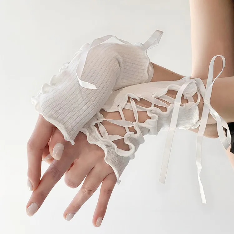 Kawaii medio dedo corbata puño Y2k temperamento gótico decoración de muñeca de moda Cosplay segunda generación señoras guantes de brazo largo