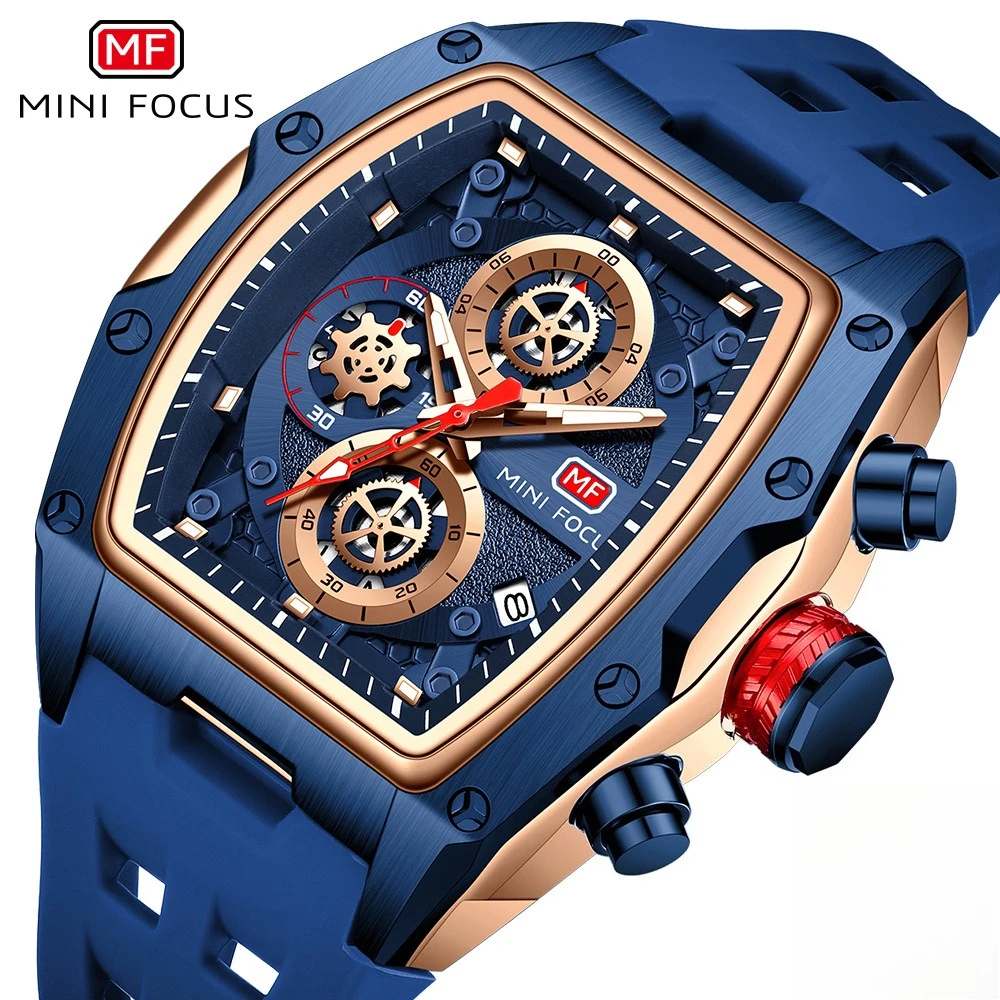 MINI FOCUS Men Quartz Watch Tonneau Skeleton Chronograph Silicone Strap Date Waterproof Sports Male Wristwatch Relogio Masculino