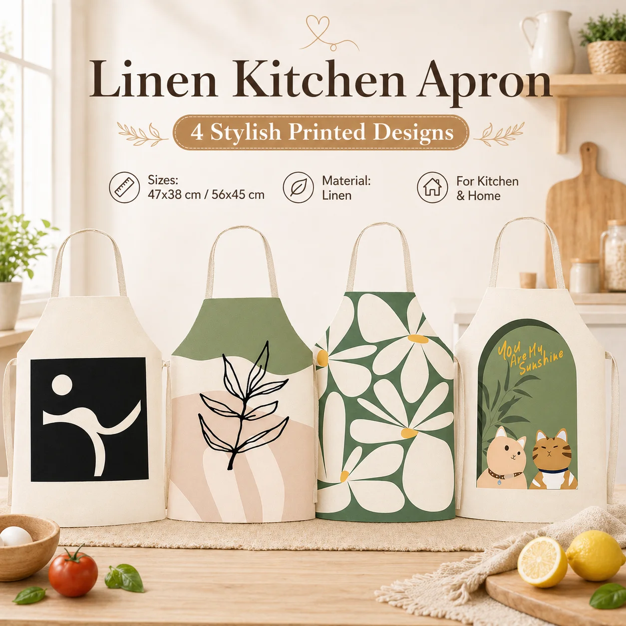 

Nordic Style Boho Floral Linen Kitchen Apron for Women Abstract Printed Sleeveless Pinafore Home Cooking Baking Cleaning Bibs