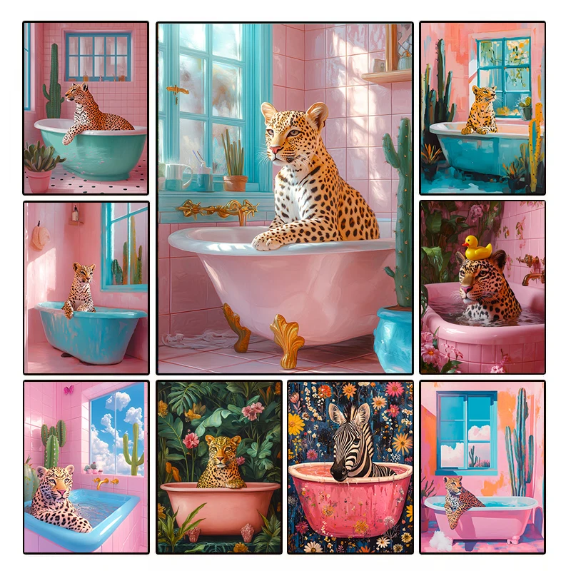 Eclectic Color Animal Print Poster Black Cat Cheetah in Bathtub Wall Art Canvas Painting Pink Orange Dopamine for Bathroom Decor