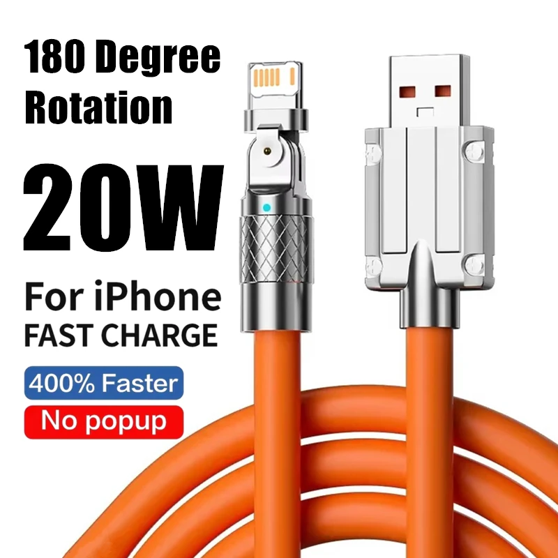Cable de codo de carga rápida USB con rotación de 180 grados para iPhone 11 12 13 14 Pro Max X XR XS 8 Plus Cables de carga rápida para juegos de teléfono