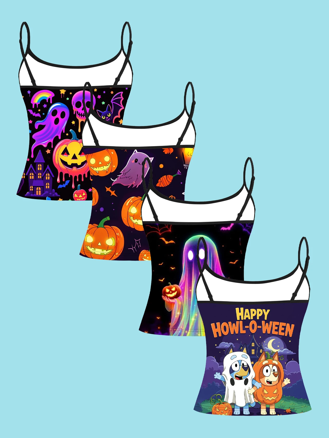 4-Piece Set of Halloween Cartoon Colorful Ghost Pumpkin Women's Camisoles, Cute and Playful Printed Slim-Fit Spaghetti Strap Short Camisole Tops