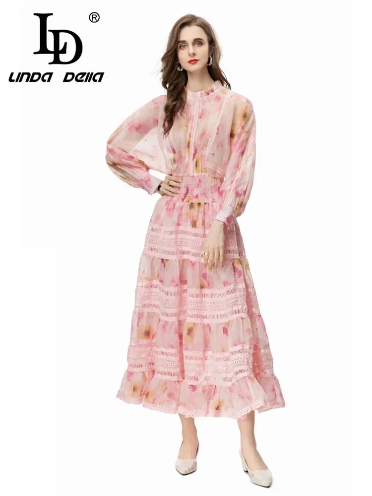 LD LINDA DELLA Fashion Designer Summer Dress Women\'s Bohemian Floral Print Chiffon Hollow Out Embroidery Elastic Waist Dresses