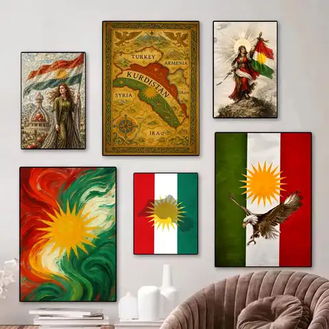 Bilashmart Kurdish flag map Painting Calligraphy pictures Room Home bedroom interior wall decoration Canvas Poster art mural