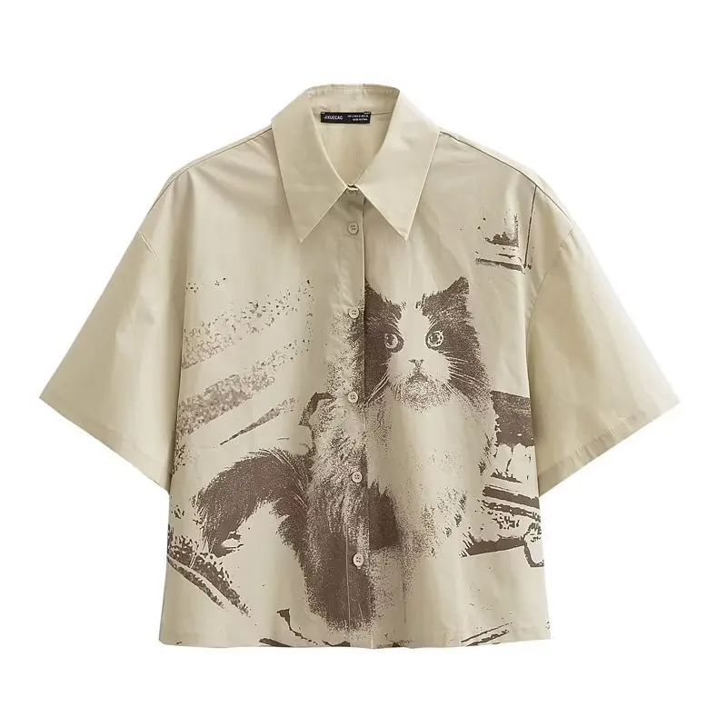 

Faionable Print Cotton irt Summer Trendy Open Front Ne ort Sve Regular Length Commute Sle Women's irt