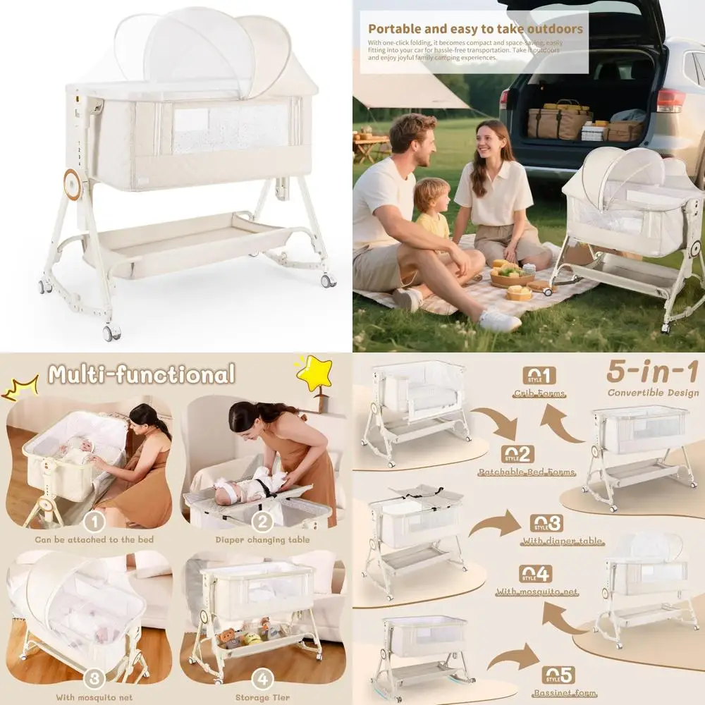 

5-in-1 Convertible Baby Bassinet: Diaper Changing Station, Mosquito Net, Mattress, Storage, and Easy One-Touch Storage Feature