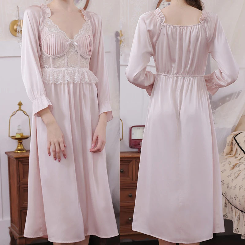 

French Style Women Long Nightdress Sexy Lace Chemise Bow Nightgown Sleepwear V Neck Full Slip Babydoll Lingerie Sleep Dress