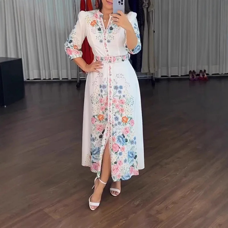 Vrouwen Mode Bloemenprint Knoppen Lange Jurk Casual 3/4 Mouw Slanke Bohe Feestjurk Zomer Elegante V-hals Lace-Up Shirt jurk