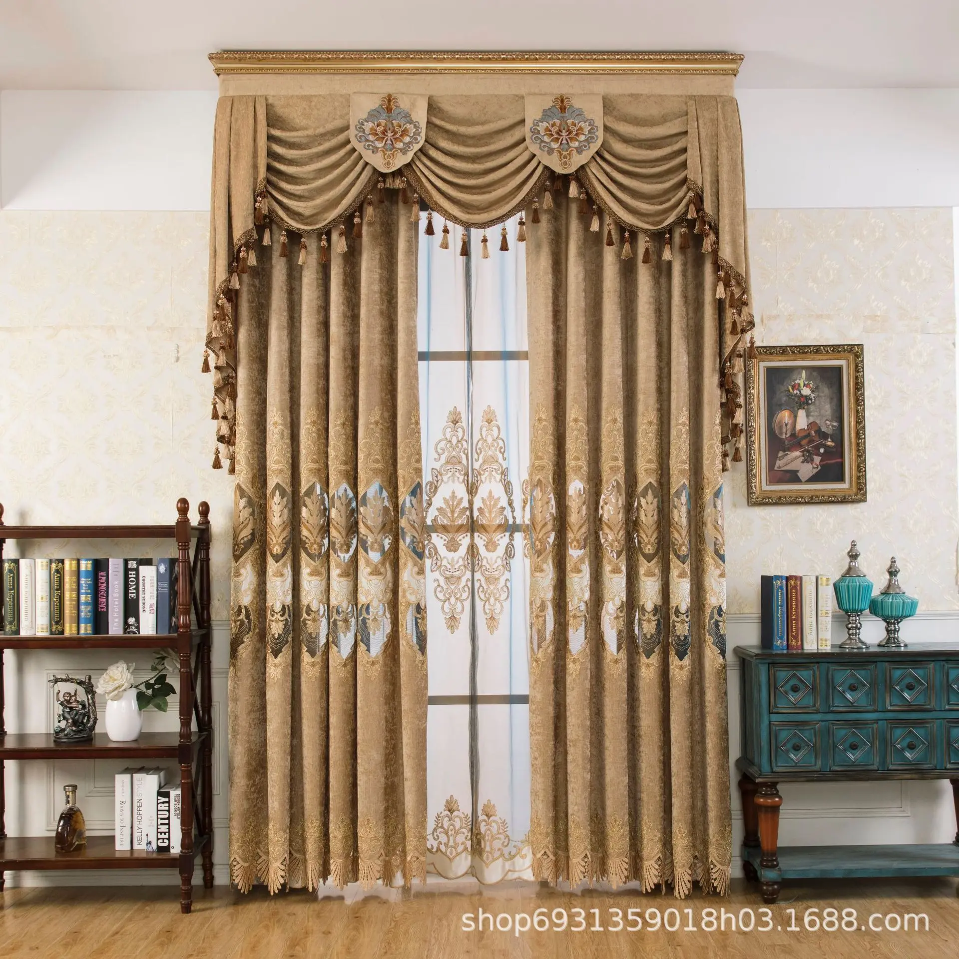 Custom Europea water-soluble hollow embroidery living room chenille coffee cloth blackout curtain tulle valance drape C1814